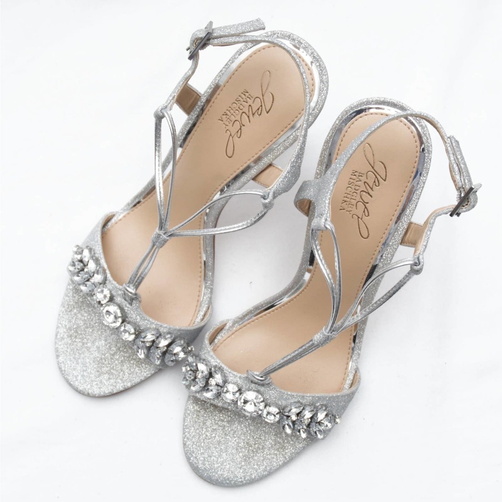 Jewel Badgley Mischka Peaches Crystal Adorned Glitter Stilettos Size 7